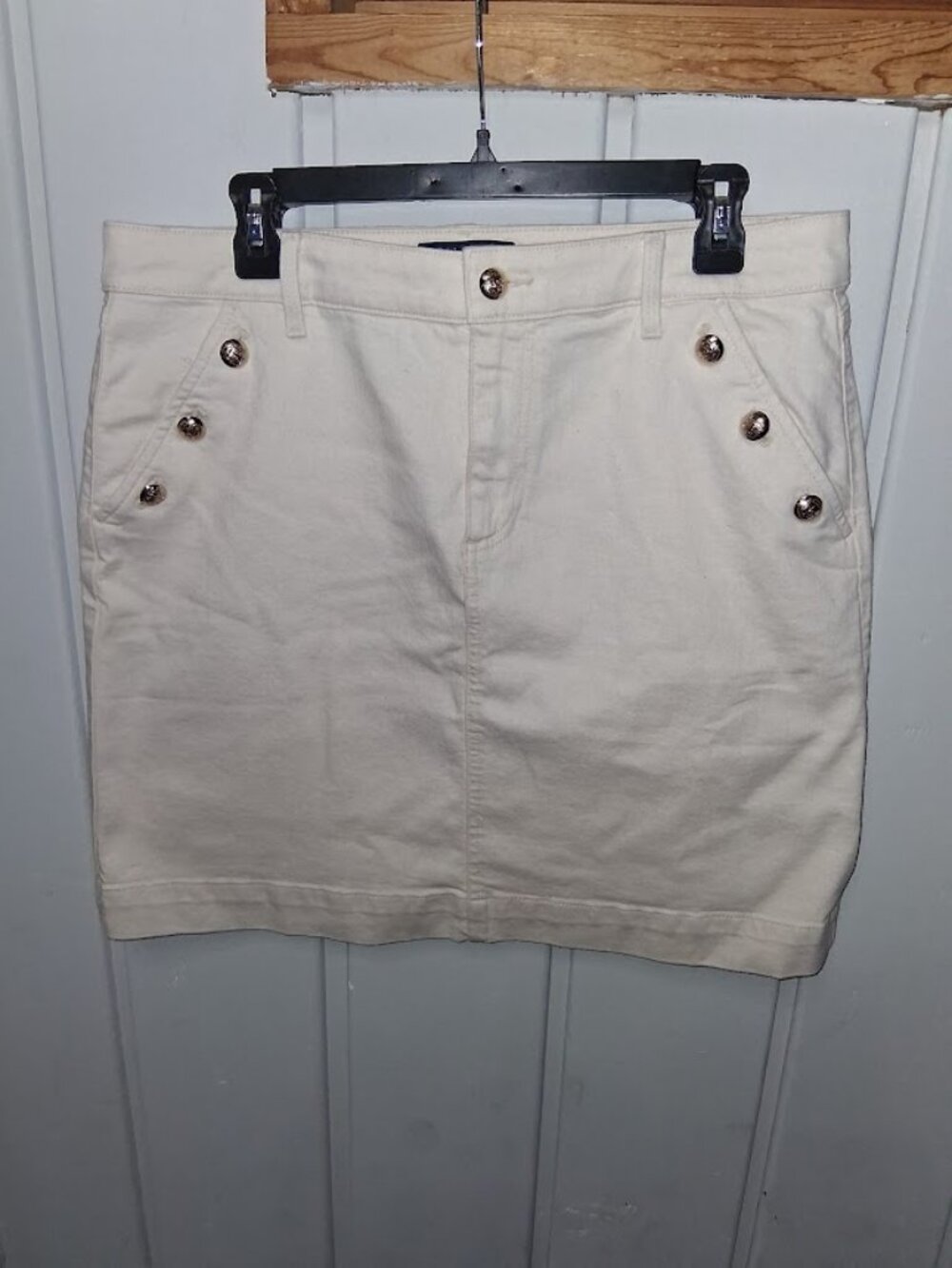 Talbots Simply Flattering Ivory Denim Sailor Button Mini Skirt NWT Sz 14P